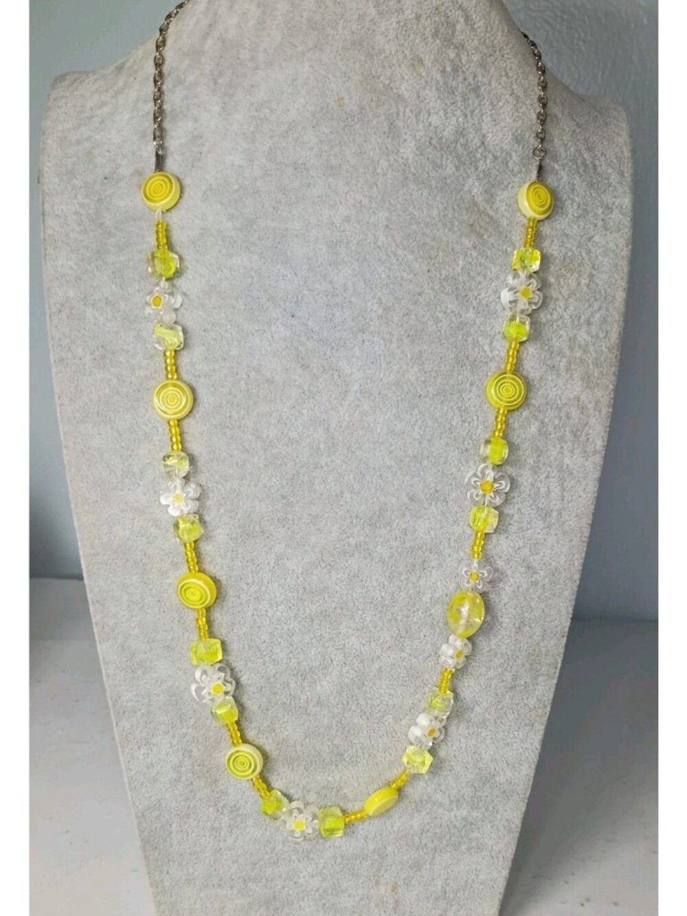 Handmade Lampwork Millefiori Glass Beaded Strand Necklace 13" Yellow Hippie